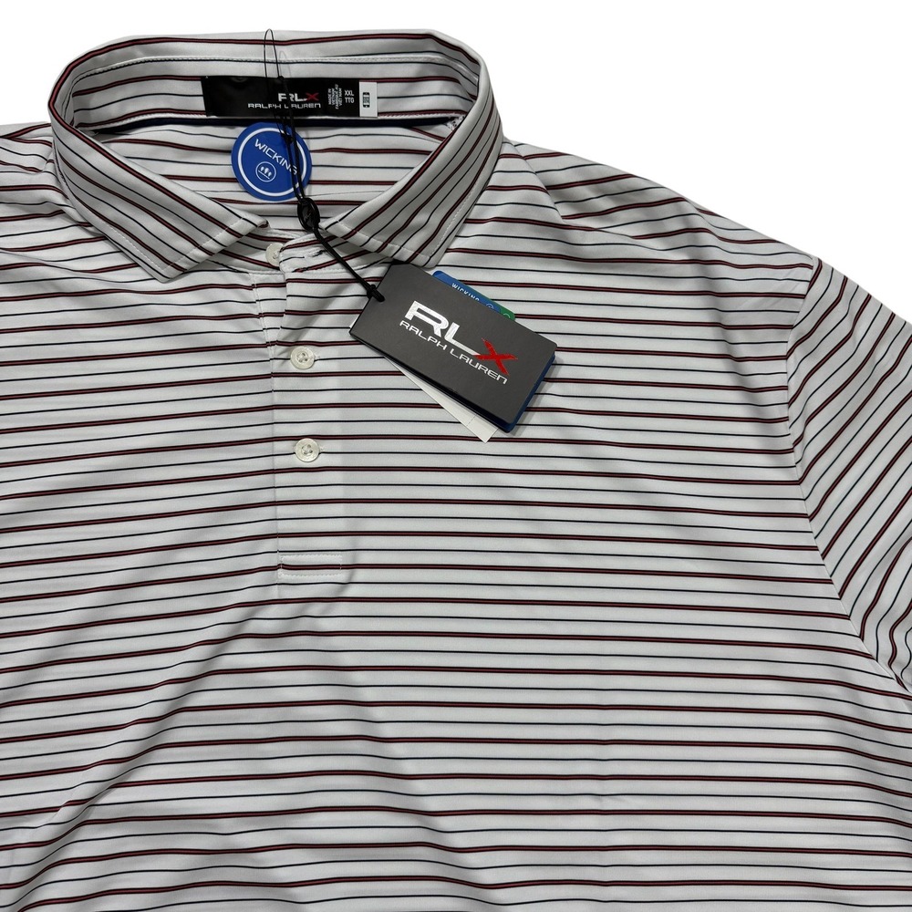 RLX Ralph Lauren Polo Shirt Mens XXL White Navy Red Striped Stretch NWT